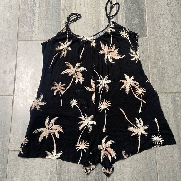 Z Supply Tiki Tropical Palm Tree Romper One Piece Lounge Jumpsuit Black Sz Large - Picture 2 of 10